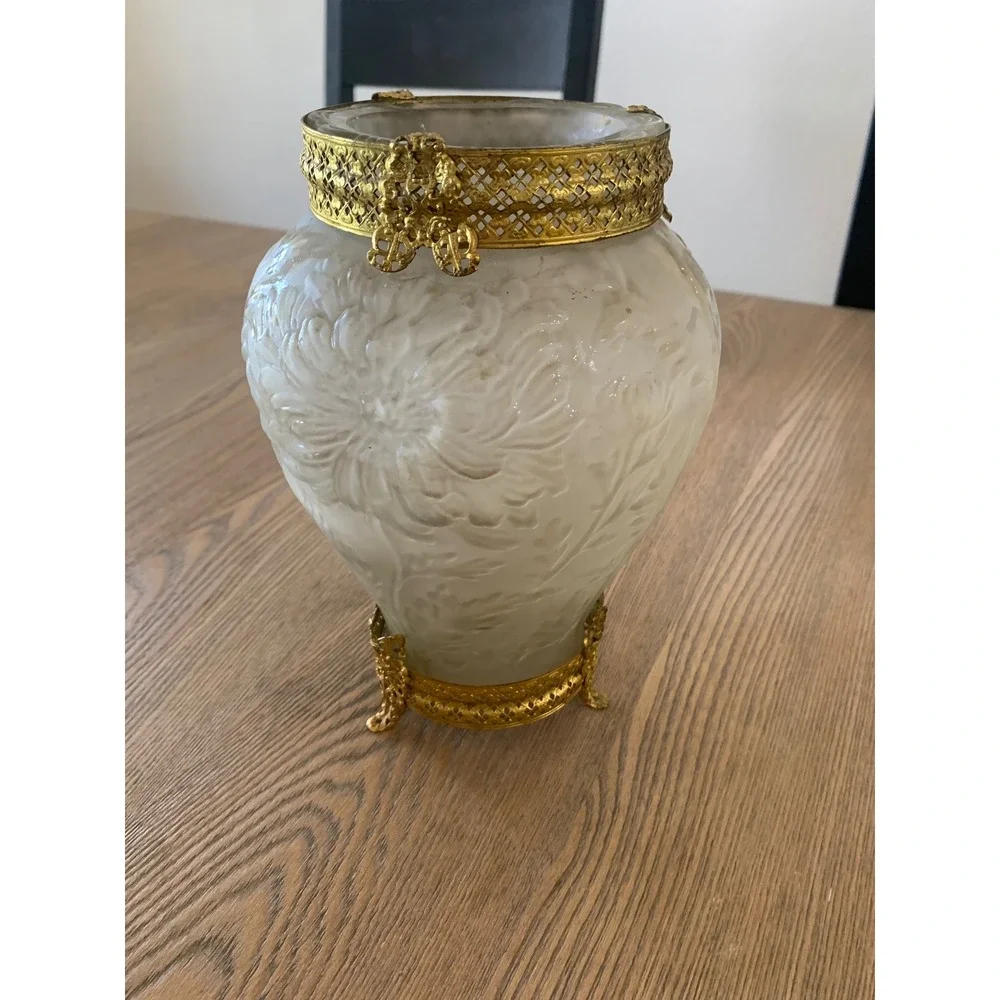Vintage Art Nouveau Frosted Glass Floral Vase Ornate Brass Filigree Footed Base